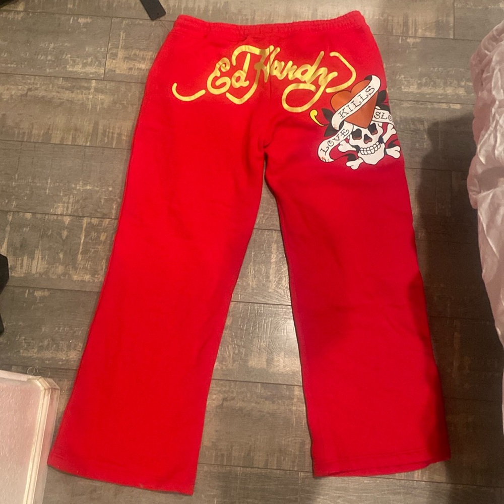 Ed Hardy red lounge pants, with back graphic design and drawstrings